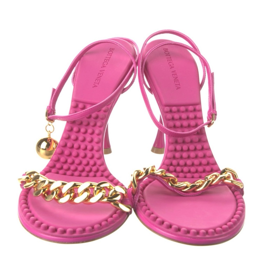 Bottega Veneta Pink Dot Heeled Sandals with Gold Chain
